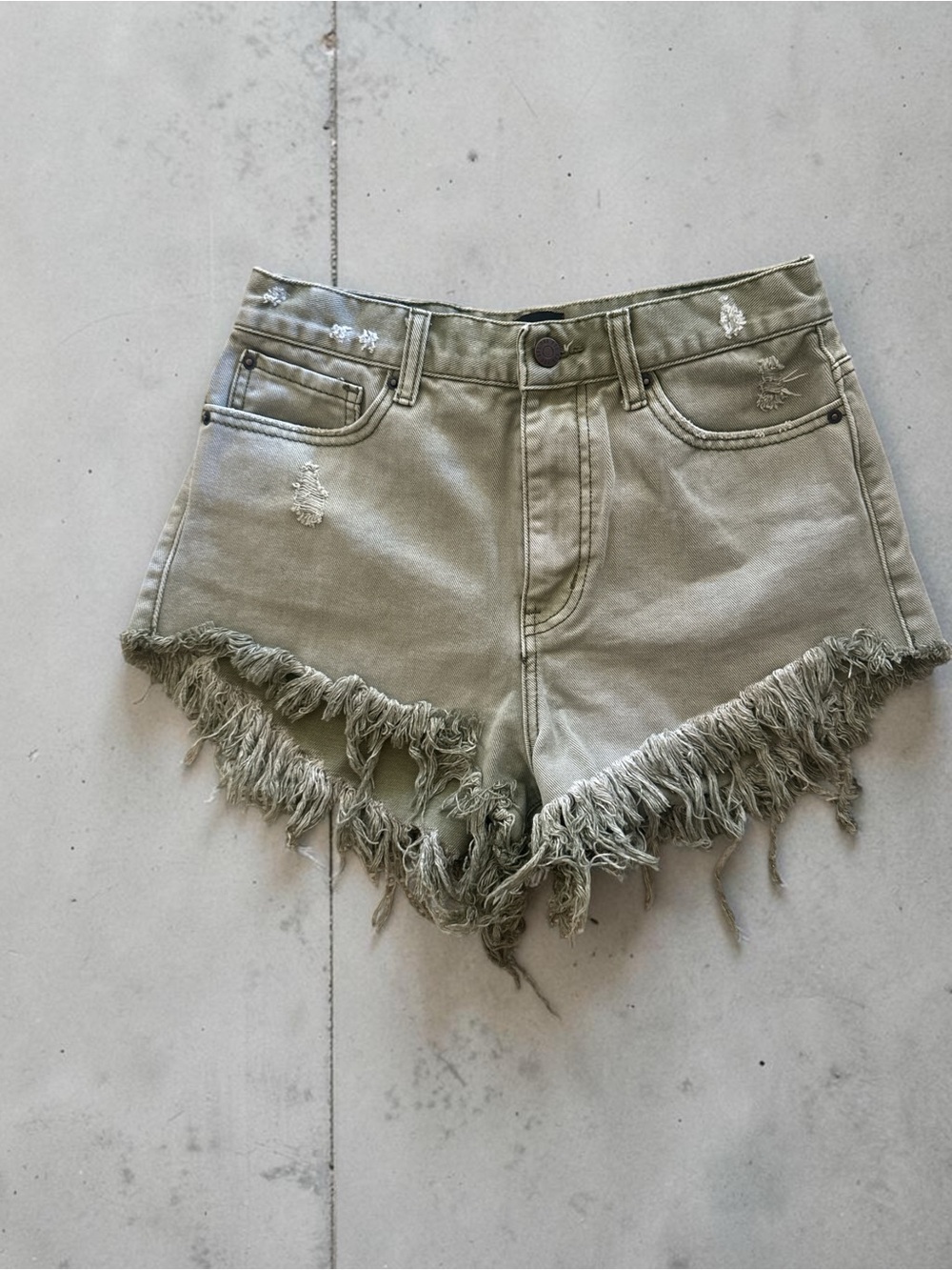 BDG Olive Green Frayed Hem Denim Shorts
